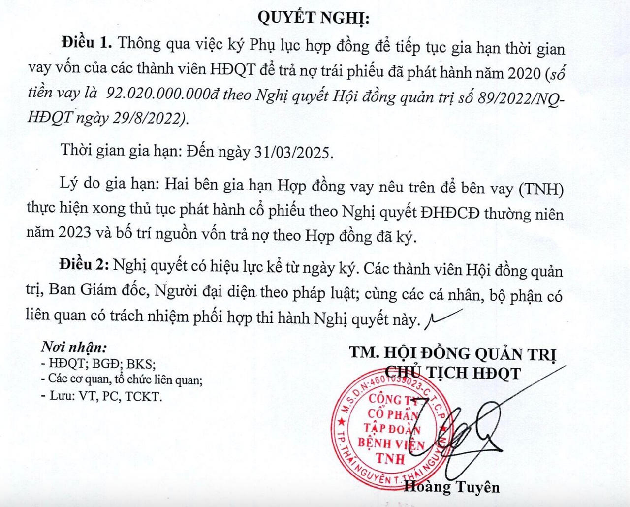 Nghị quyết thông qua việc&nbsp;gia hạn thời gian vay vốn các thành viên HĐQT với số tiền 92 tỷ đồng.