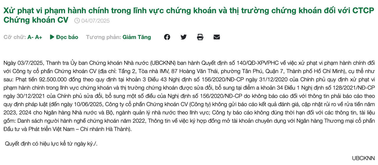 Nội dung quyết định xử phạt của UBCKNN.