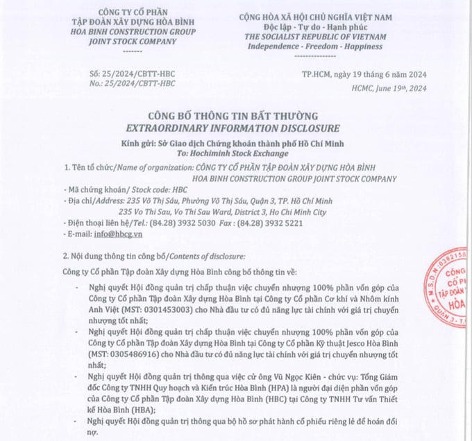 HBC thoái sạch 100% tại 2 công ty liên kết vì kinh doanh thua lỗ.