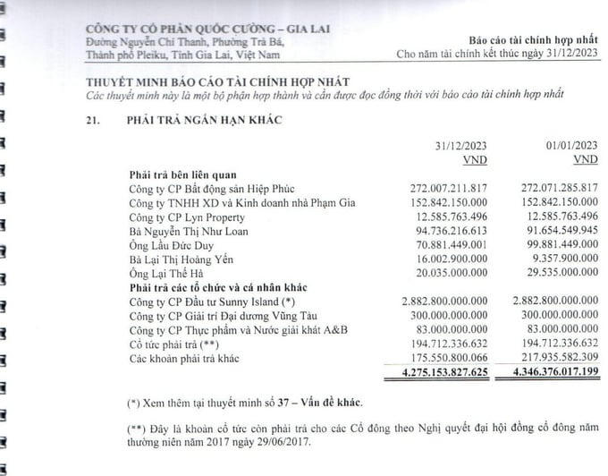 Theo báo cáo tài chính hợp nhất năm 2023 của Công ty Cổ phần Quốc Cường Gia Lai cho thấy khoản phải trả trong ngăn hạn đối với Công ty Cổ phần Đầu tư Sunny Island là hơn 2.882 tỷ đồng.
