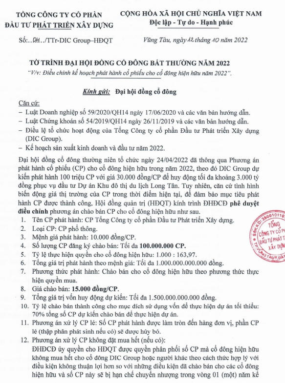 Tờ trình phát hành cổ phiếu mệnh giá 15.000 đồng/cp