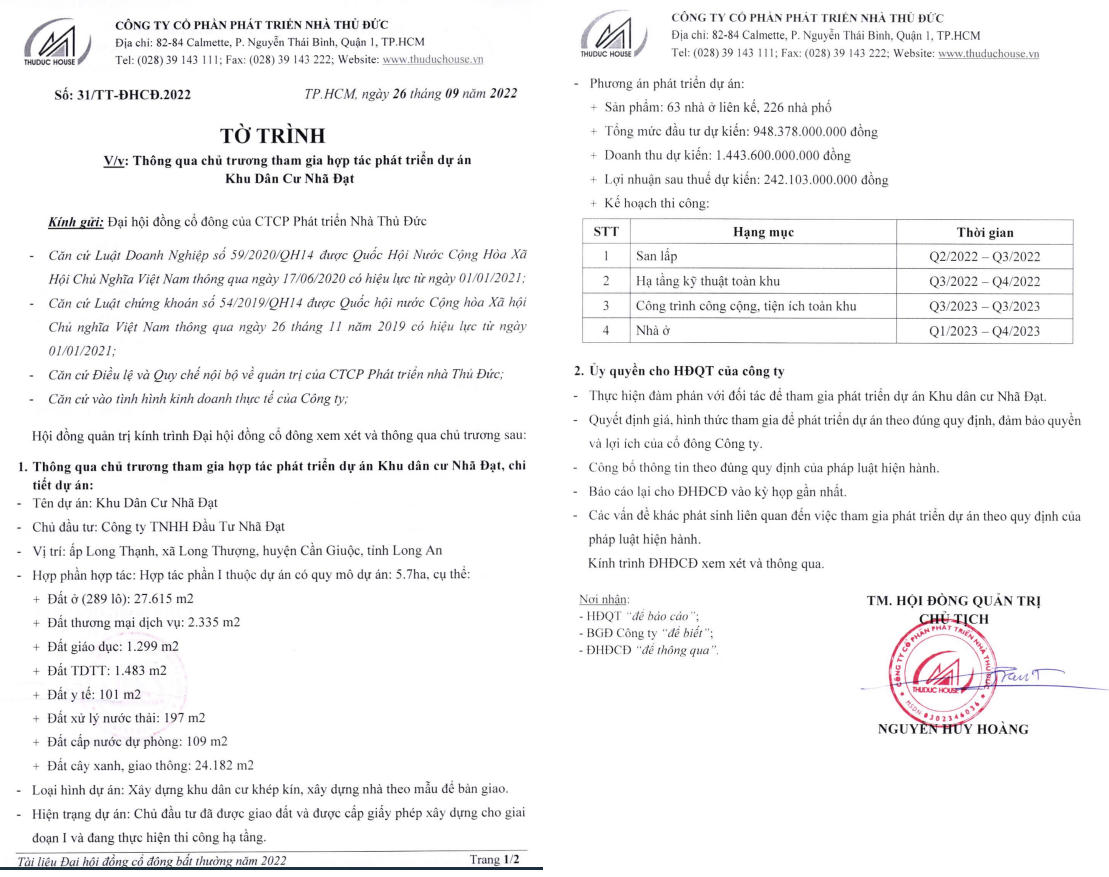 Tờ trình thông qua chủ trương hợp tác phát triển dự án KDC Nhã Đạt