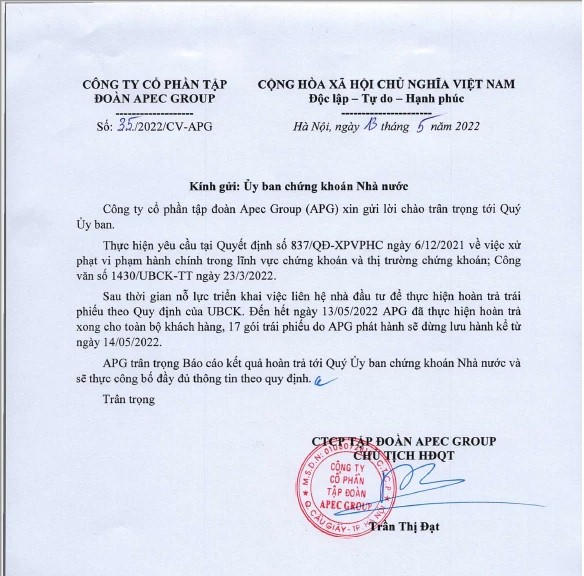 Apec Group thông báo về việc hoàn trả trái phiếu cho nhà đầu tư sau khi bị phạt. &nbsp;