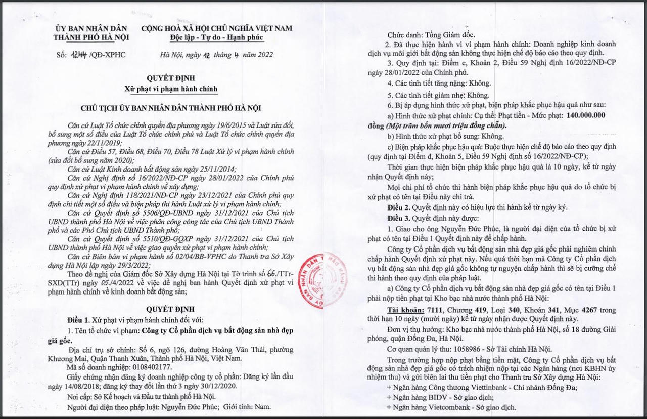 Hai doanh nghiệp 'bán chui' dự án của HUD tại Mê Linh bị xử phạt 420 triệu đồng