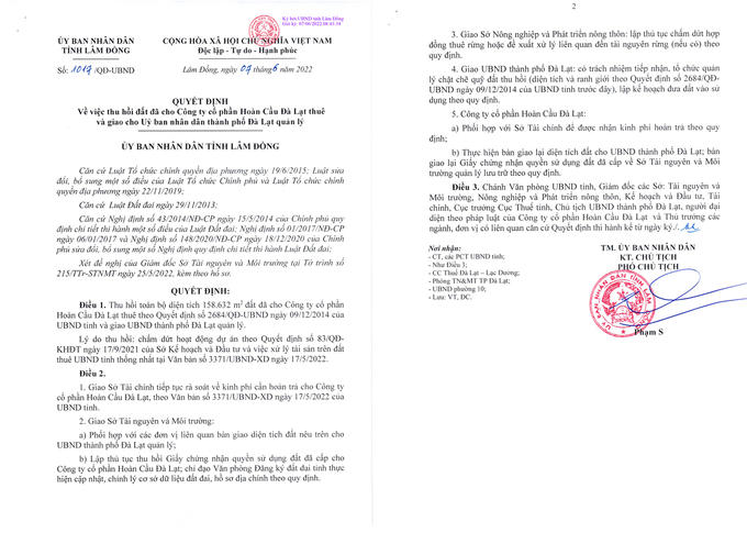 Thu hồi toàn bộ diện tích đất đã cho Công ty cổ phần Hoàn Cầu Đà Lạt thuê thuộc dự án King Palace. &nbsp;