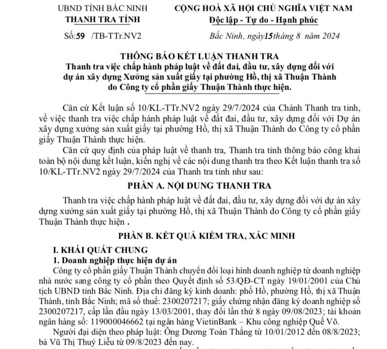 Loạt vi phạm của&nbsp;Công ty cổ phần giấy Thuận Thành vừa bị Thanh tra tỉnh Bắc Ninh công khai &nbsp;