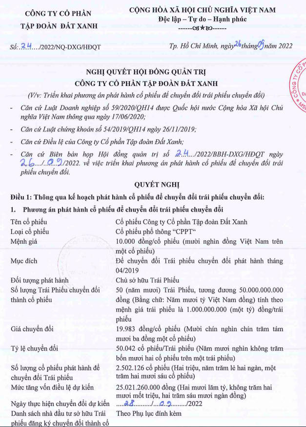 Nghị quyết chuyển đổi trái phiếu thành cổ phiếu