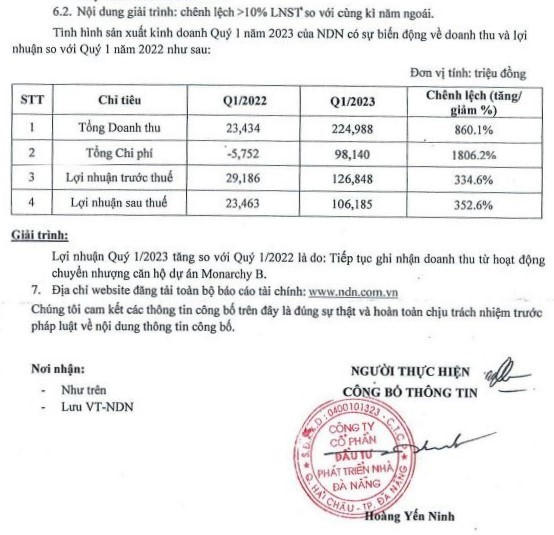 Giải trình kết quả kinh doanh quý I/2023 của NDN. &nbsp;