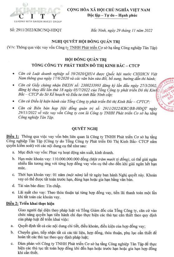 Nghị quyết vay vốn tại công ty TNHH Phát triển Cơ sở Hạ tầng Công nghiệp Tân Tập