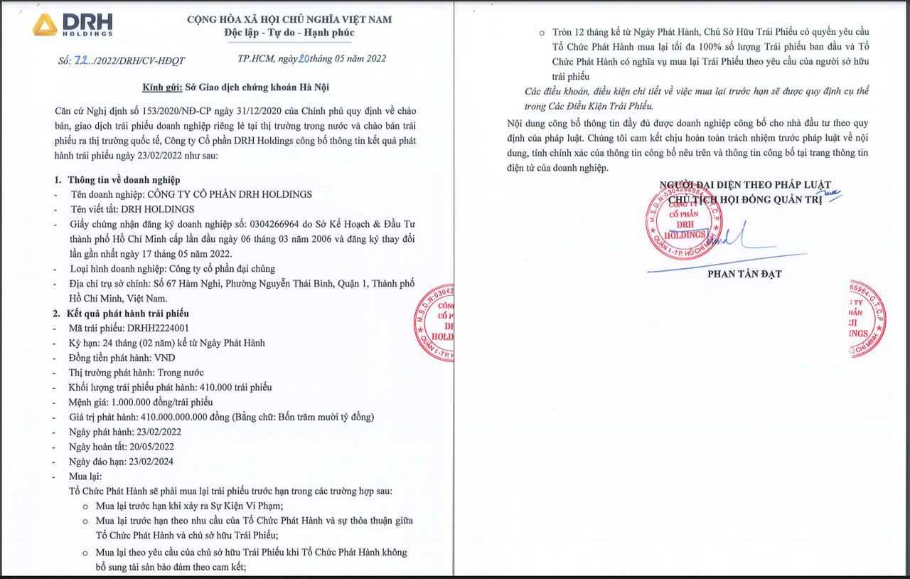 Thông tin lô trái phiếu 410 tỷ đồng của DRH Holdings.