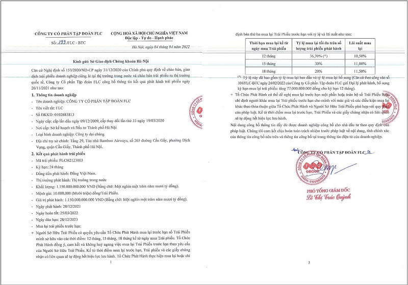 Thông báo của FLC về việc hoàn thành đợt phát hành trái phiếu vào ngày 25/3/2022. &nbsp;