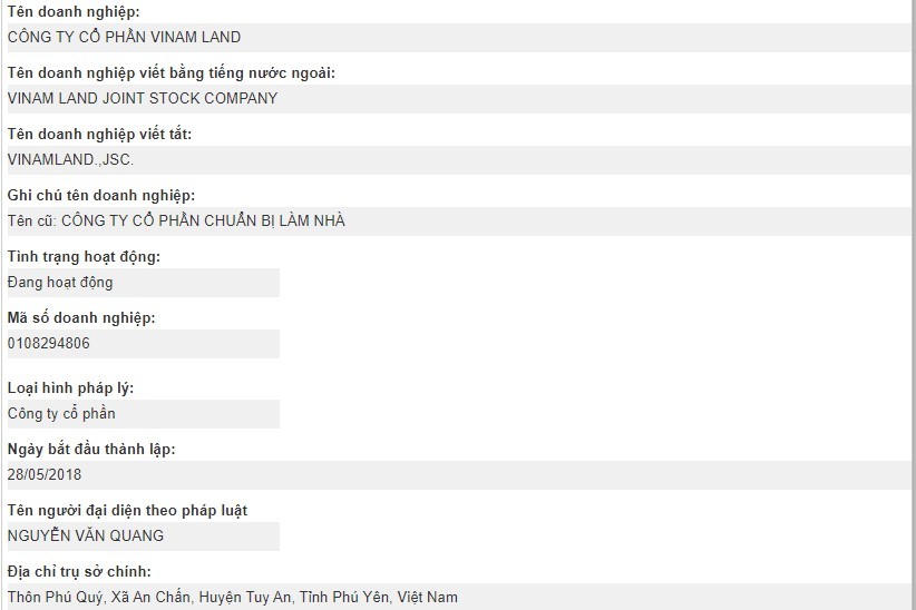 Một số thông tin về Vinam Land. &nbsp;