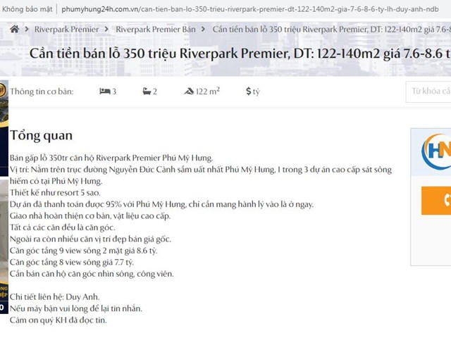 Căn hộ Riverpark Premier được rao b&aacute;n "cắt lỗ" 350 triệu đồng.