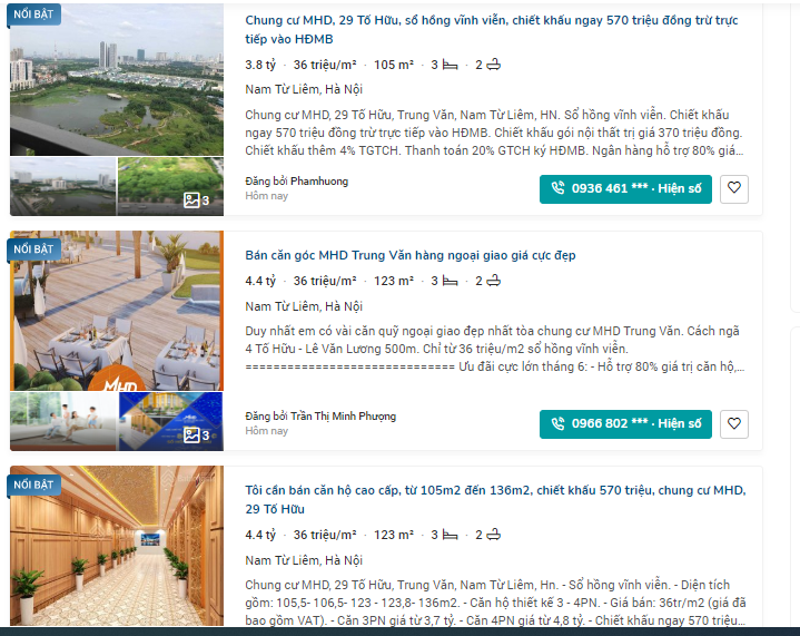 Dự án MHD Trung Văn đang được rao bán với mức giá trung bình 36 triệu đồng/m2.