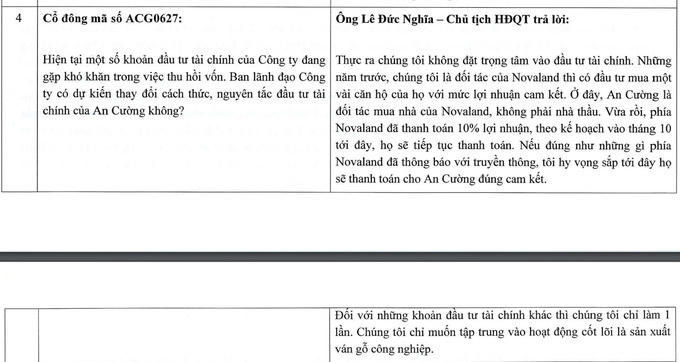 Ông Lê Đức Nghĩa - Chủ tịch HĐQT Công ty Cổ phần Gỗ An Cường trả lời cổ đông về việc đầu tư tài chính.