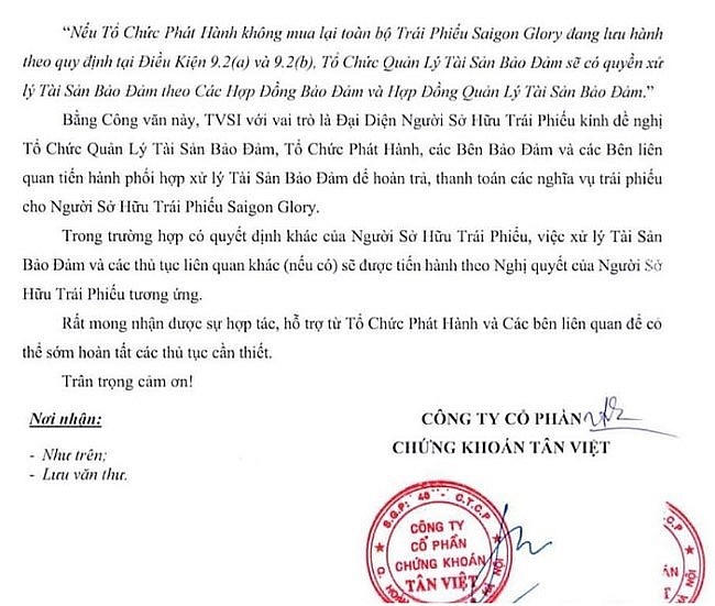 Công văn TVSI yêu cầu xử lý tài sản đảm bảo của Saigon Glory &nbsp;