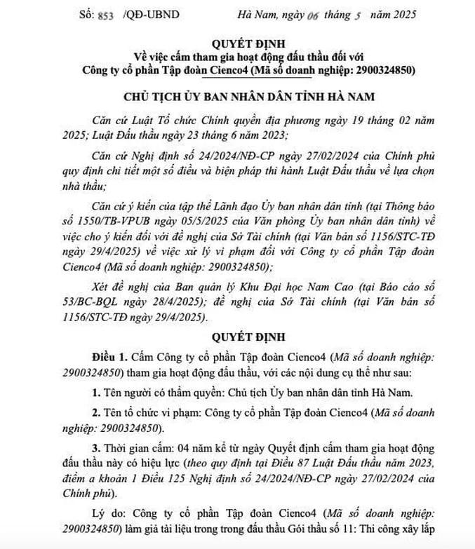 Tỉnh Hà Nam cấm đấu thầu 4 năm với Tập đoàn Cienco4 do làm giả tài liệu.