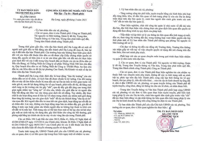 Văn bản cảnh báo của UBND TP Hạ Long về hiện tượng sốt đất ảo tại địa phương thời gian qua. &nbsp;
