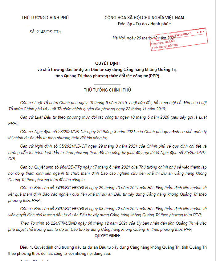 Quyết định số 2148/QĐ-TTg của Thủ tướng Chính phủ : Về chủ trương đầu tư dự án Đầu tư xây dựng Cảng hàng không Quảng Trị, tỉnh Quảng Trị theo phương thức đối tác công tư (PPP)
