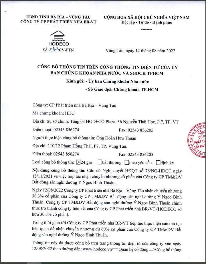 Thông báo về việc Hodeco sẽ tiếp tục nhận chuyển nhượng 60% cổ phần tại chủ dự án Khu nghỉ dưỡng Biển Đá Vàng Resort. &nbsp;