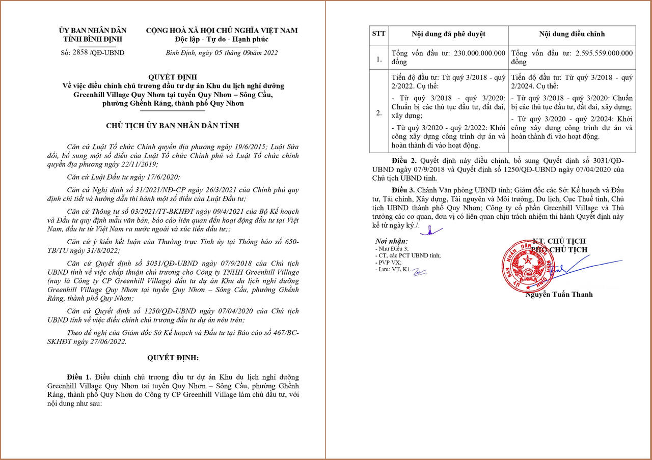 Quyết định của UBND tỉnh Bình Định về việc điều chỉnh vốn đầu tư và tiến độ dự án Greenhill Village Quy Nhơn. &nbsp;