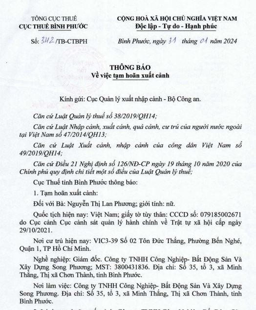 Văn bản đề nghị hoãn xuất cảnh đối với chủ dự án Amira Chơn Thành &nbsp;