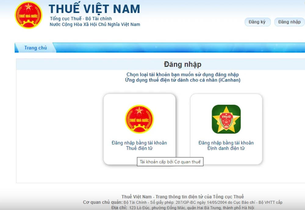Chọn mục đăng nhập bằng tài khoản thuế điện tử &nbsp;