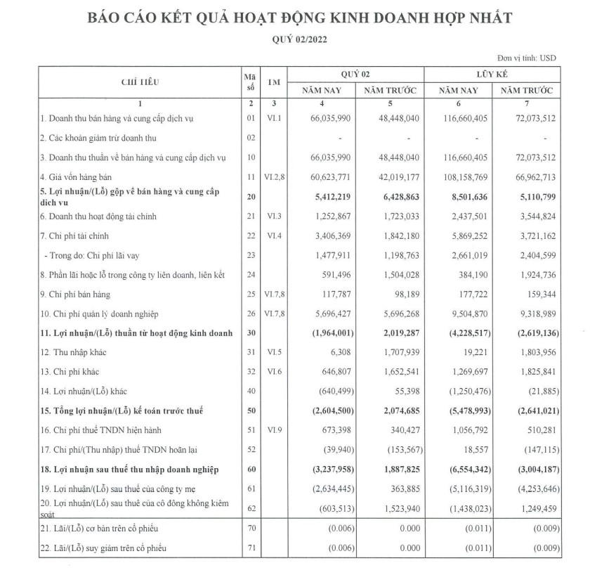 Chỉ tiêu tài chính của PVD tại BCTC hợp nhất quý II/2022 (đơn vị tính USD). &nbsp;
