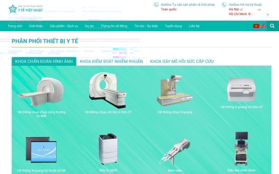 Những thiết bị y tế được CTCP Đầu tư và phát triển Y tế Việt Nhật giới thiệu trên website