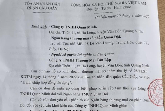 Văn bản ngày 20/4/2022 của Tòa án nhân dân quận Cầu Giấy - ảnh kienthuc.net.vn &nbsp;