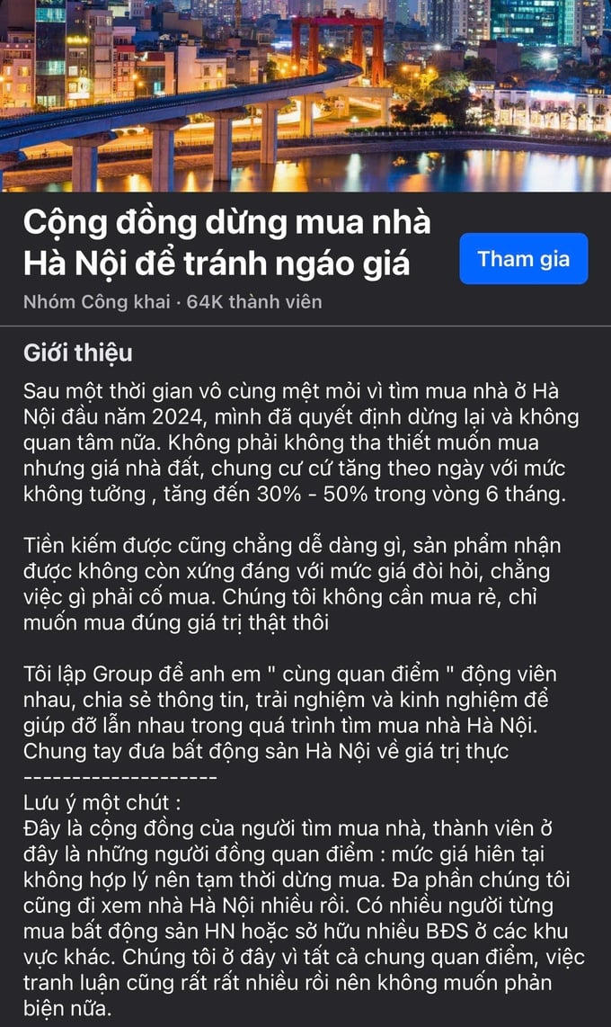 Fanpage "Cộng đồng dừng mua nhà Hà Nội để tránh ngáo giá" &nbsp;
