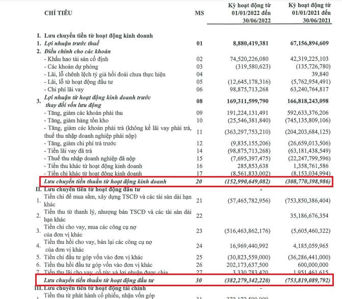 Dòng tiền kinh doanh và dòng tiền đầu tư của FCN trong 6 tháng đầu năm đều âm hàng trăm tỷ đồng. &nbsp;