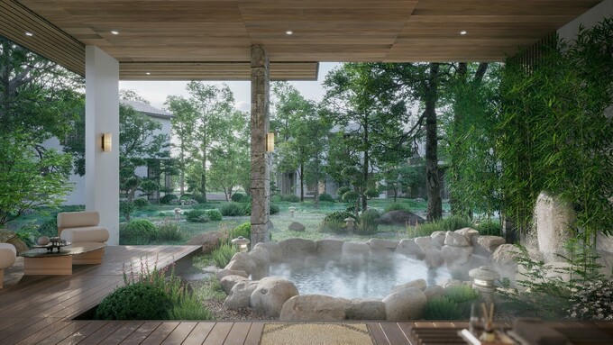 Bể khoáng nóng tại biệt thự onsen đơn lập &nbsp;