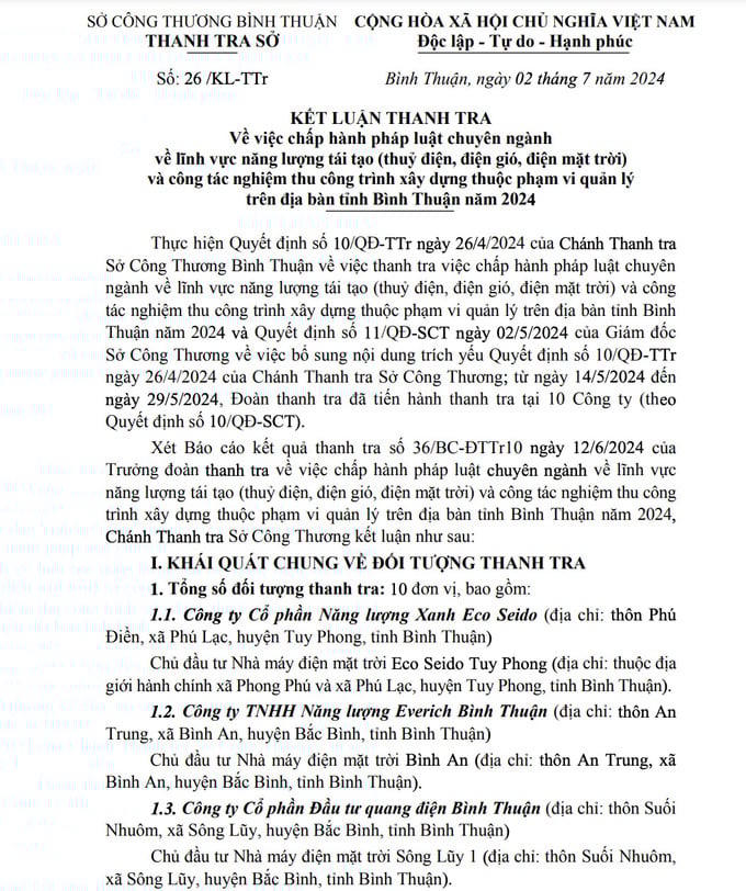 Kết luận Thanh tra. &nbsp;