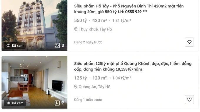Giá nhà khu vực Tây Hồ cao "chóng mặt". Ảnh: Báo Dân Trí