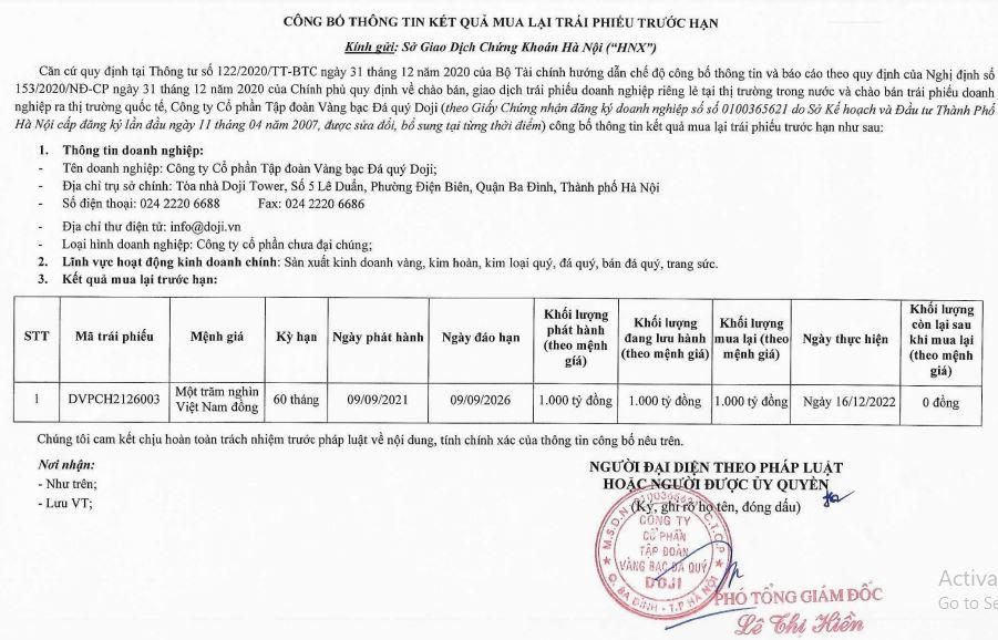 Kết quả mua lại trái phiếu trước hạn của Doji (Nguồn: HNX)