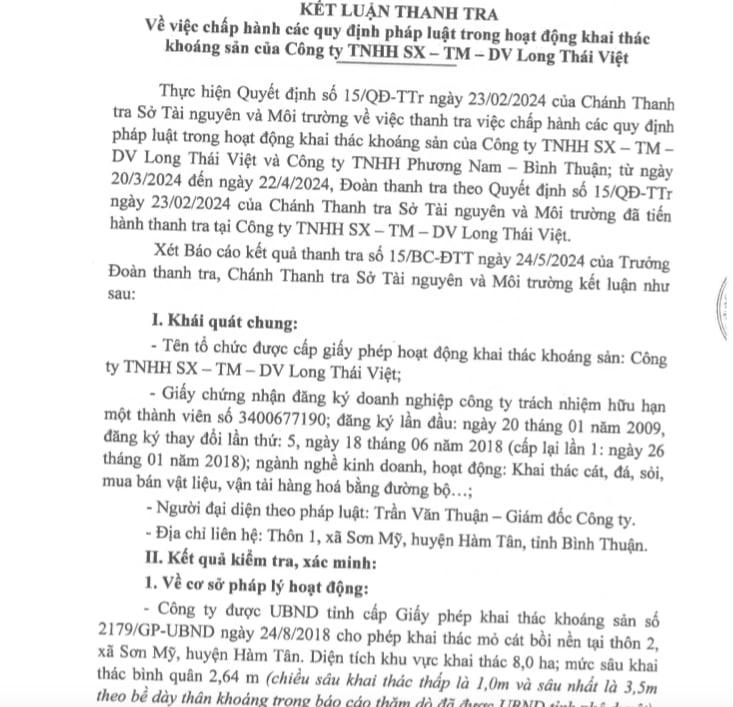 Thông báo kết luận thanh tra đối với Công ty TNHH SX-TM-DV Long Thái Việt (Công ty Long Thái Việt)