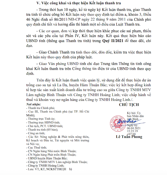 Kết luận Thanh tra về việc quản lý, sử dụng đất giữa Công ty Lâm nghiệp Bình Thuận với Công ty Hoàng Linh do Chủ tịch UBND tỉnh Bình Thuận - Lê Tuấn Phong ký. &nbsp;