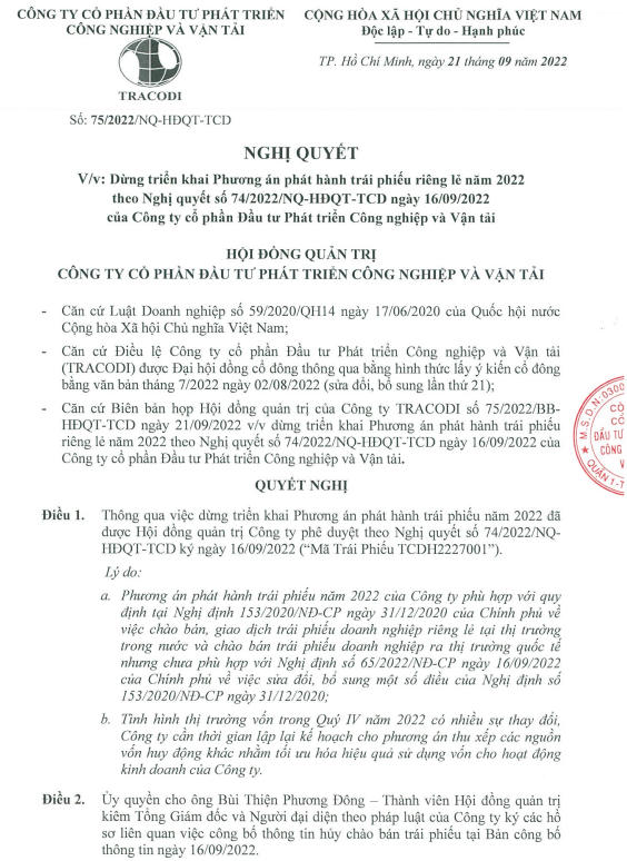 Tracodi (TCD) dừng kế hoạch phát hành 9.9 triệu trái phiếu