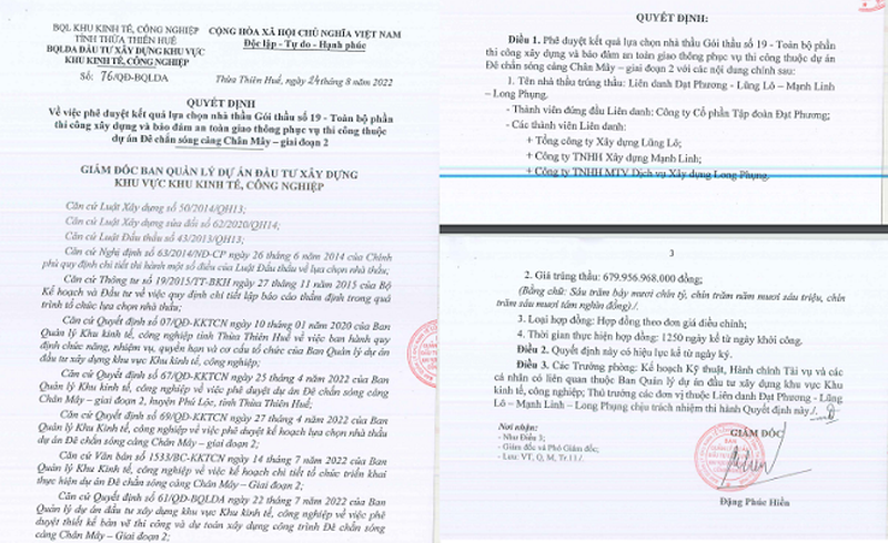 Quyết định phê duyệt kết quả lựa chọn nhà thầu của Ban QLDA đầu tư xây dựng khu vực Khu kinh tế, công nghiệp tỉnh Thừa Thiên Huế cho Công ty CP Đạt Phương trúng thầu