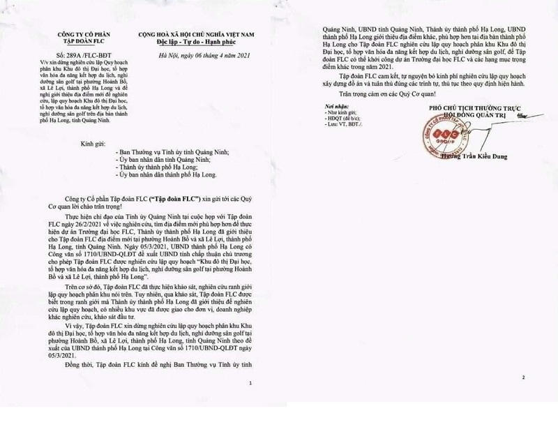 Vừa được thay đổi vị trí, Tập đoàn FLC lại xin dừng nghiên cứu lập quy hoạch siêu dự án hơn 600 ha tại Hạ Long 