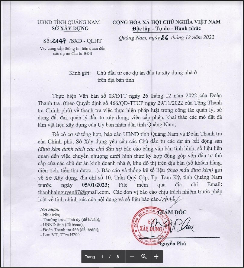 Văn bản của Sở Xây dựng tỉnh Quảng Nam gửi đến các dự án trên địa bàn tỉnh. &nbsp;