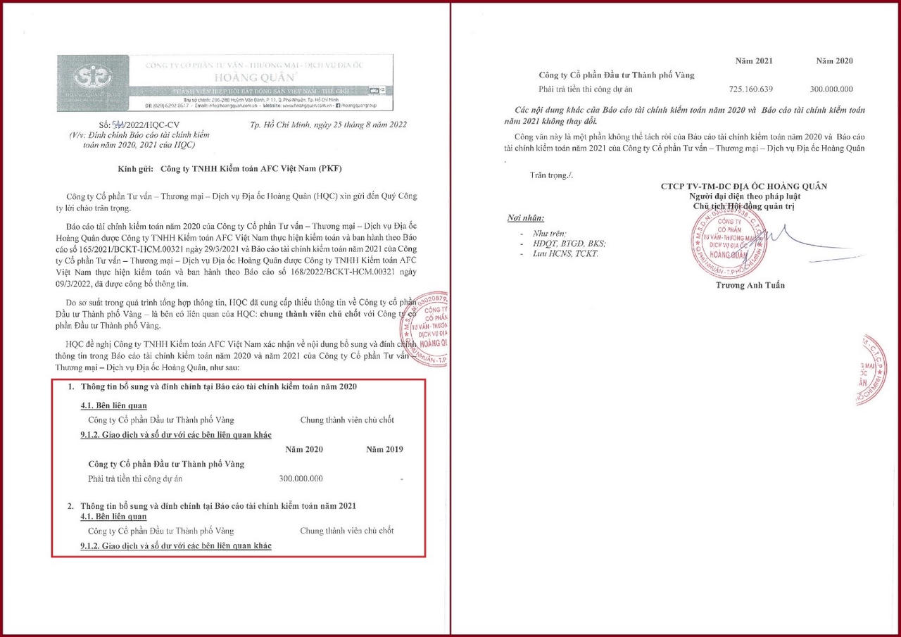 Địa ốc Hoàng Quân bất ngờ công bố thông tin về việc điều chỉnh thông tin tại BCTC kiểm toán năm 2020 và 2021 về việc Thành phố Vàng là công ty liên quan của HQC.&nbsp;