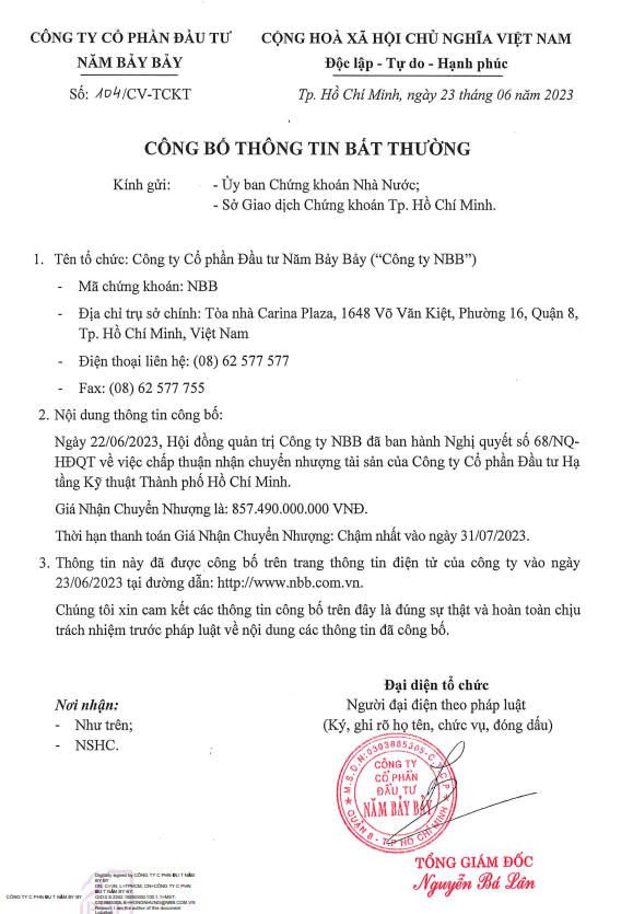 Công bố thông tin bất thường về việc nhận chuyển nhượng tài sản của CII &nbsp;