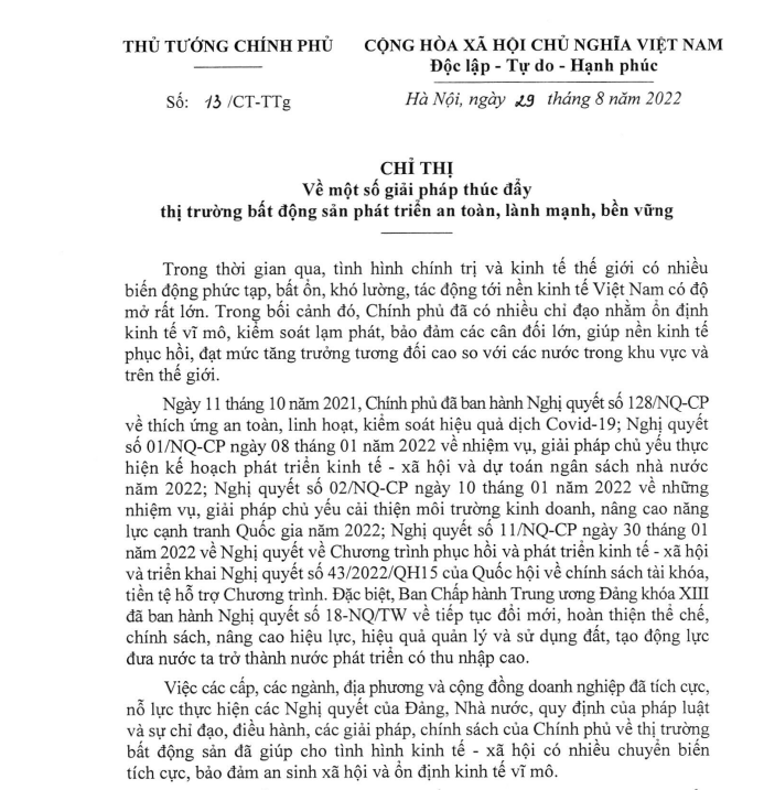 Chỉ thị 13/CT-TTg của Thủ tướng Chính phủ về một số giải pháp thúc đẩy thị trường bất động sản phát triển an toàn, lành mạnh, bền vững.