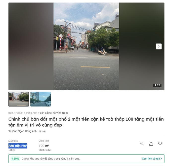 Lô đất 100m2 tại Đông Anh được rao bán với giá lên đến 280 triệu đồng/m2. &nbsp;