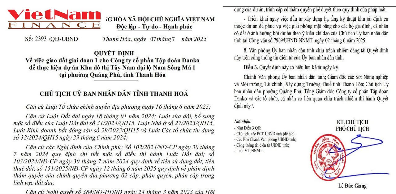 Tập đoàn Danko được UBND tỉnh Thanh Hoá giao đất hơn 18,8 hà làm dự án Khu đô thị Tây Nam đại lộ Nam Sông Mã 1