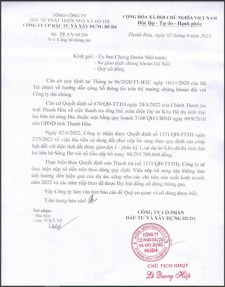 Văn bản của HUD4 về việc doanh nghiệp bị truy thu gần 100 tỷ đồng tiền thuế. &nbsp;