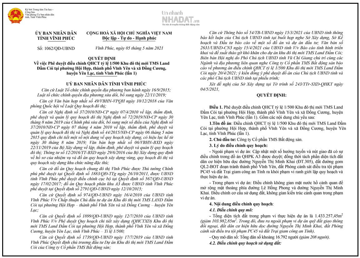 Quyết định số 1062/QĐ-UBND về việc Phê duyệt điều chỉnh quy hoạch chi tiết tỷ lệ 1/500 Khu đô thị mới TMS Land Đầm Cói. (Nguồn: UBND tỉnh Vĩnh Phúc). &nbsp;