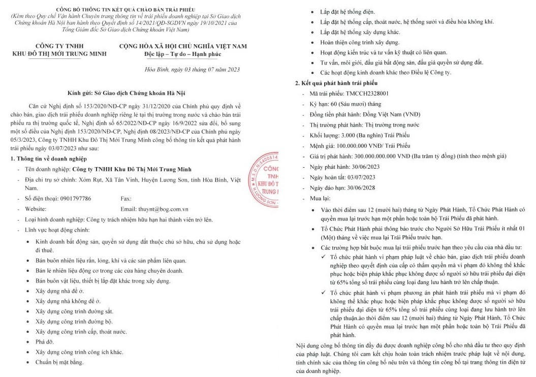 Công bố thông tin phát hành 300 tỷ đồng trái phiếu. &nbsp;